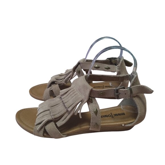 Minnetonka Shoes - Minnetonka  Women's 8 Taupe Suede Merriam Fringe Studded Wedge Strappy Sandals